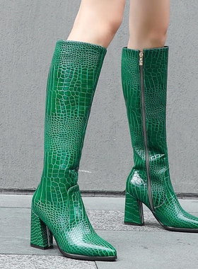 靴女绿色金色黄色靴子粗跟高跟高筒尖头女鞋大码女靴小码靴女 HTM