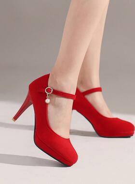 2022年春秋季扣带绒面高跟单鞋女红色黄色绿色粉红色婚鞋大码 SSJ