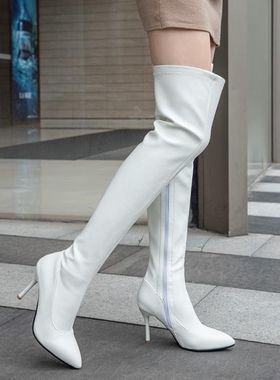 鞋女白色红色靴子尖头女鞋细跟高跟靴女过膝长靴瘦靴大码女靴  NA