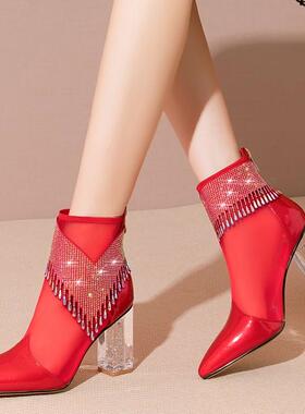 白色红色靴子婚鞋新娘高跟短靴女网靴春夏靴单靴凉靴真皮大码 XZJ