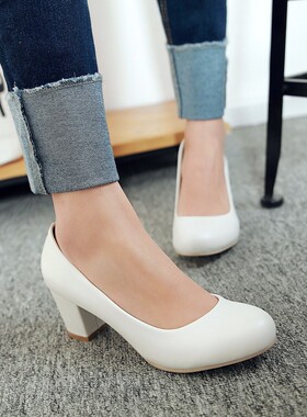 圆头粗跟高跟单鞋粉红色米色白色蓝色红色婚鞋新娘工作鞋大码 JX