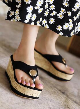 鞋女夏季拖鞋女绒面蓝色米色松糕厚底高跟凉拖坡跟大码人字拖 DL