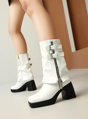 欧美外贸秋冬季皮靴粗跟高跟中筒靴女白色靴子裤管靴大码女靴ZXG