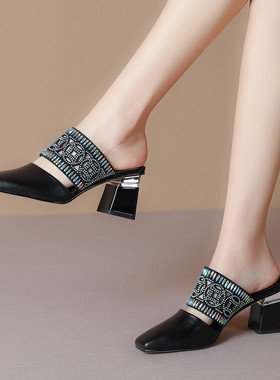 外穿白色拖鞋女方头包头半拖鞋新款夏季粗跟高跟牛皮真皮凉拖 XZJ