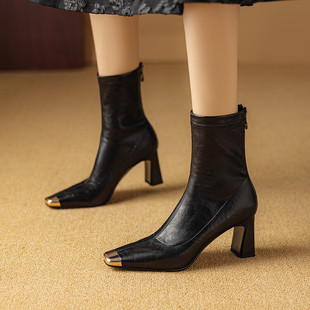 职业方头钢包头春秋单靴秋冬小皮靴粗跟高跟短靴女弹力瘦瘦靴JXB