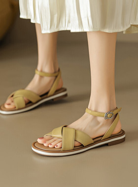 2024年夏季杏色圆头平底平跟凉鞋女黄色米白色全皮真皮学生鞋JL