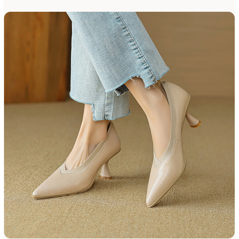 鞋女方头青年细跟头层猪皮羊皮（除羊反绒/羊猄）浅口单YCJX