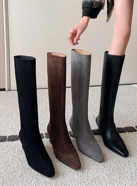 春秋单靴方头皮靴粗跟中跟高筒靴女弹力瘦瘦靴灰色棕色女靴子LLLK