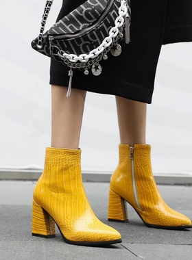 靴女金色蓝色绿色黄色红色靴子婚鞋粗跟高跟短靴大码女靴小码 HTM