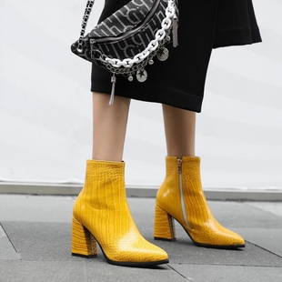 靴女金色蓝色绿色黄色红色靴子婚鞋粗跟高跟短靴大码女靴小码 HTM