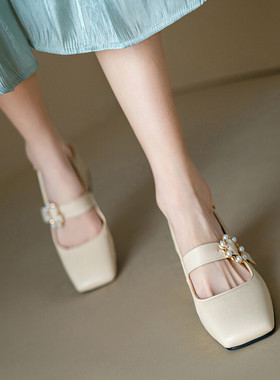 粉红色米白色新款夏季中跟凉鞋女方头粗跟玛丽珍女鞋大码小码 KB