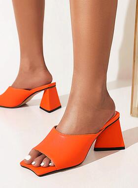 拖鞋女白色黄色桔色绿色青色橘色粗跟高跟方头夏季大码凉拖鞋 CH