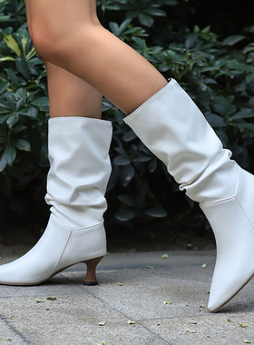 秋冬豹纹色尖头红色白色蓝色灰色粉红色中跟中筒女堆堆靴大码 LJC