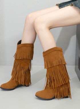 秋冬鞋子棕红色靴子内增高高跟流苏靴绒面高跟中筒靴女大码鞋YGP