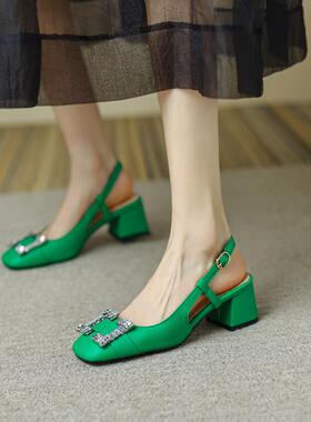 夏季凉鞋女包头鞋后空粗跟中跟水钻橙色米白色绿色大码小码 RYMJ