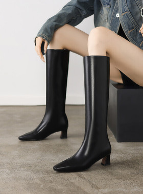 秋冬季真皮女靴粗跟中跟高筒靴女棕色灰色瘦瘦靴皮靴春秋单靴LLLK