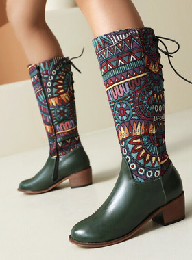 4厘米跟秋冬皮靴棕色绿色靴子粗跟高筒靴女民族风复古大码女靴 SH