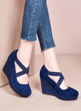 鞋女春秋季鞋女蓝色女鞋高跟鞋坡跟鞋单鞋反绒皮真皮女鞋子 EXM