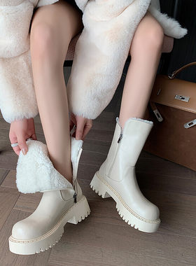 冬款皮靴杏色米白色靴子厚绒棉靴毛靴厚底雪地靴短靴女真皮女鞋MM