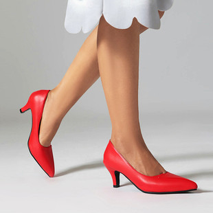 皮鞋红色白色黄色绿色春季高跟单鞋女简约职业工作鞋大码小码 HX