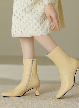 春秋方头粗跟高跟短靴女浅黄色靴子短筒秋冬全皮真皮女靴大码 HTK