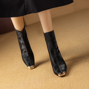 粗跟高跟短靴女弹力瘦瘦靴杏色靴子钢包头单靴绒面皮靴JXB 方头鞋