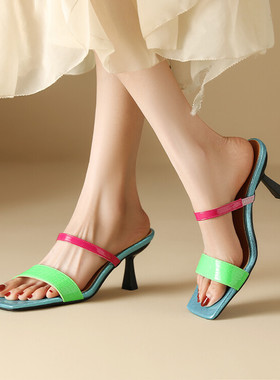 方头绿色金色鞋子欧美外贸夏季细跟高跟拖鞋女大码小码凉拖鞋 KB