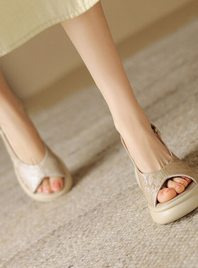 夏季杏色绿色学院圆头粗跟高跟凉鞋女厚底国风复古全皮真皮鞋MYT