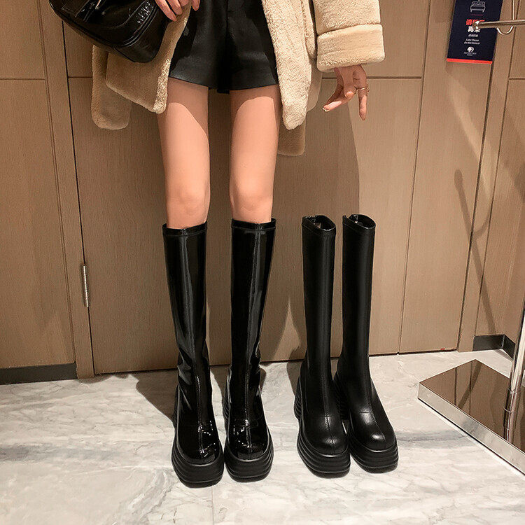 秋冬鞋亮皮圆头粗跟高跟高筒靴女弹力瘦瘦靴厚底皮靴真皮女靴 XHL