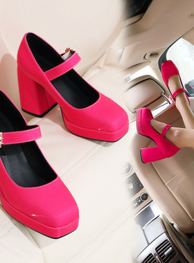 春秋方头粗跟高跟单鞋女浅绿色红色婚鞋宝蓝色玫红色大码女鞋 JYX