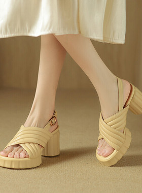 2024年夏季厚底增高鞋圆头粗跟凉鞋女米白色浅黄色全皮真皮女鞋TY