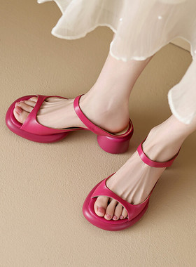 软底轻便夏季黄色米白色玫红色粗跟高跟拖鞋女全皮真皮凉拖鞋 KMN