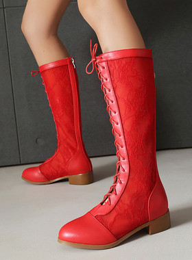 欧美外贸高筒网靴春秋系带镂空凉靴粗跟中跟白色红色大码女靴 ZYJ