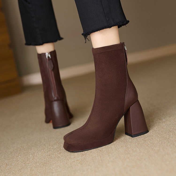 秋冬皮靴绒面棕色咖啡色靴子增高粗跟高跟短靴女短筒舒适单靴 YHH