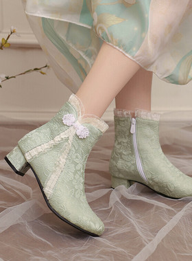 粗跟低跟短靴女国风古风复古浅绿色浅蓝色米白色靴子大码小码靴JH