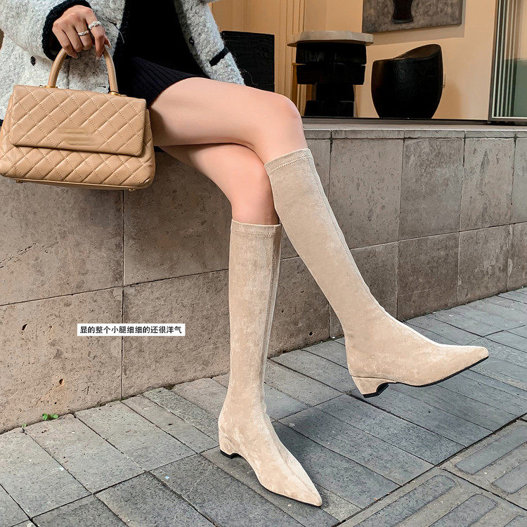 秋冬皮靴绒面杏色靴子粗跟中跟高筒靴女尖头弹力瘦瘦靴袜靴大码DJ,女鞋,弹力靴/袜靴,淘宝优惠券,粉丝福利购,淘宝优惠卷