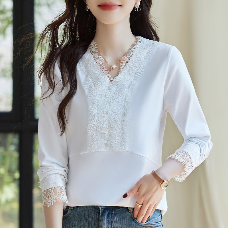 白色v领长袖t恤女2025年新款春秋爆款蕾丝网纱上衣轻奢正肩打底