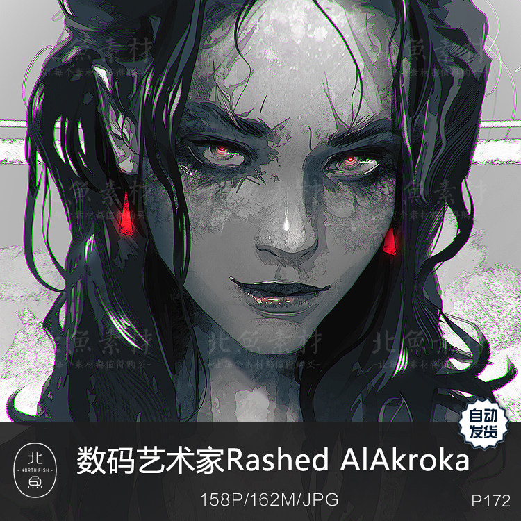 科威特艺术家rashed alakroka作品 黑暗赛博风头像原画绘画参考