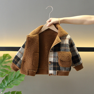 男童加绒加厚呢子外套秋冬装儿童冬季帅气宝宝时髦格子棉袄韩版潮