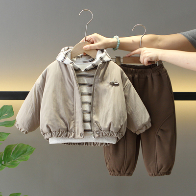 男童冬季时髦韩版加绒加厚三件套