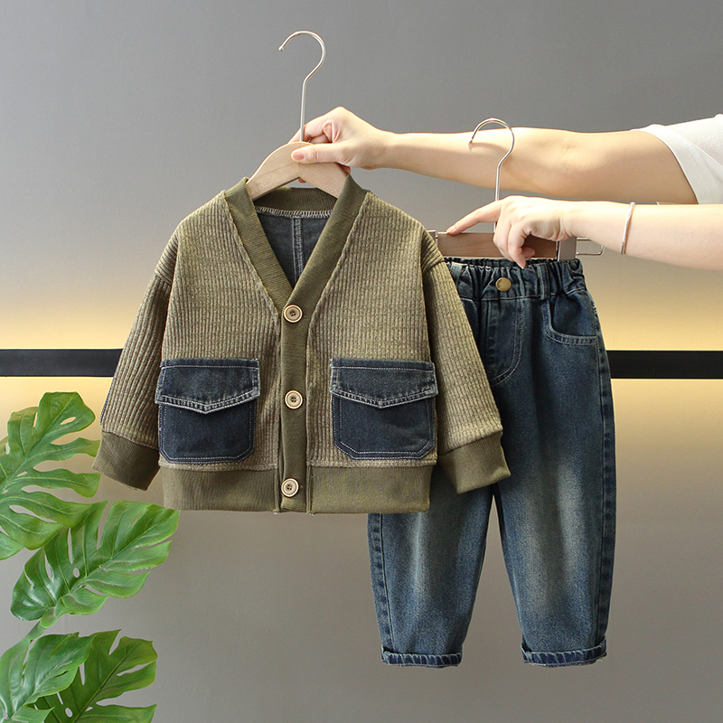 男童春秋季针织外套牛仔裤两件套