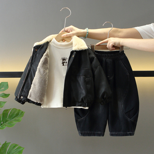 加毛加厚皮衣外套儿童韩版 男童冬季 宝宝冬装 2025新款 三件套潮 套装