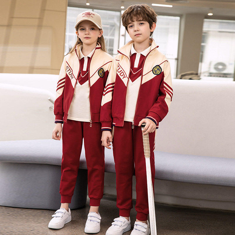 幼儿园园服教师三件套小学生校服红色班服春夏季英伦枣红运动套装