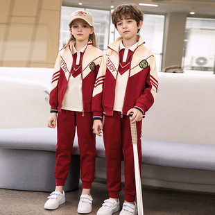 幼儿园园服教师三件套小学生校服红色班服春夏季英伦枣红运动套装