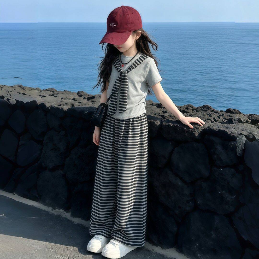 女童夏季洋气条纹防蚊裤套装