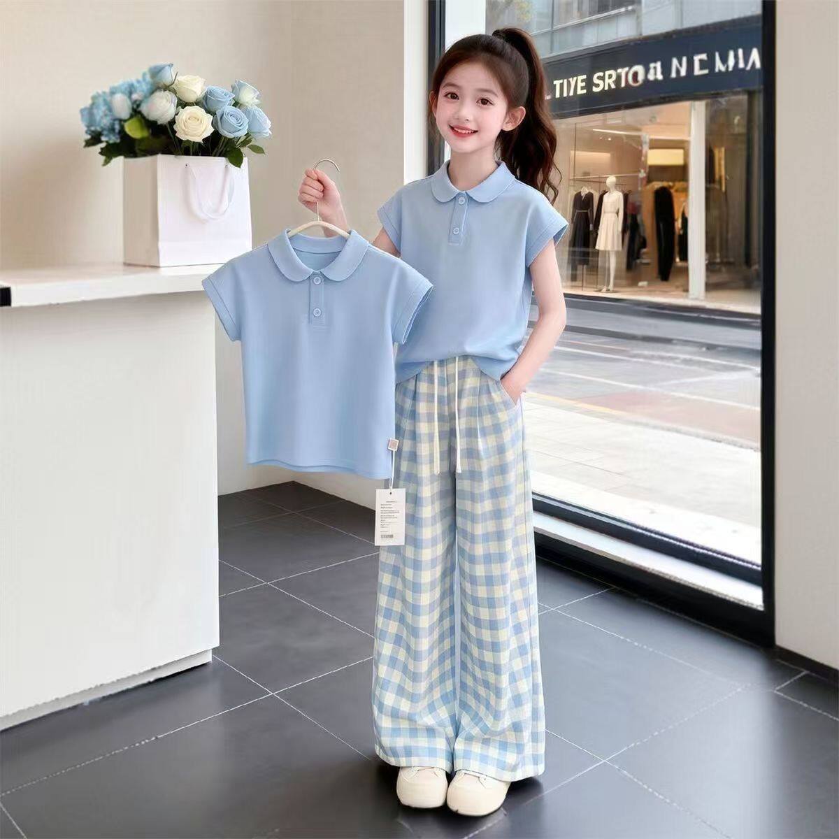 夏季女大童学院风Polo领格子套装