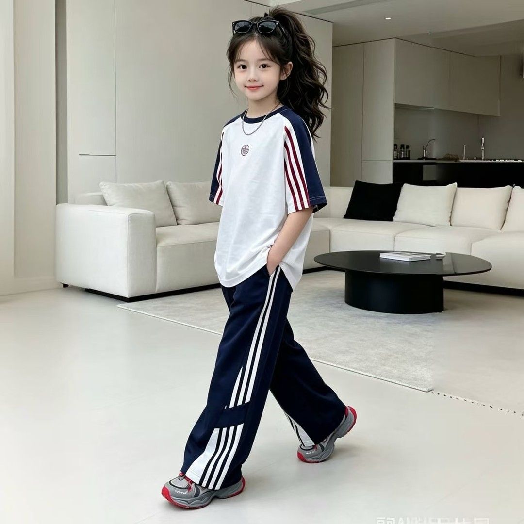 女童纯棉条纹短袖长裤两件套
