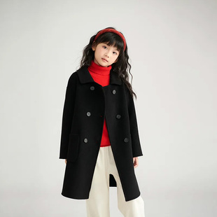 学院风女童双排扣毛呢大衣韩版2025秋冬中长款黑色翻领高级感外套