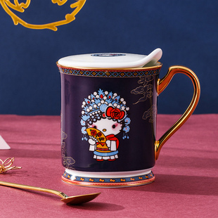 hellokitty骨瓷描金马克杯带盖勺创意茶杯女家用咖啡水杯围炉煮茶