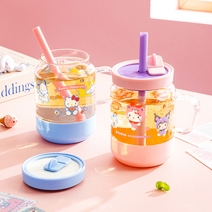 HelloKitty吸管玻璃杯女高颜值水杯果汁杯大容量可爱杯子2025新款